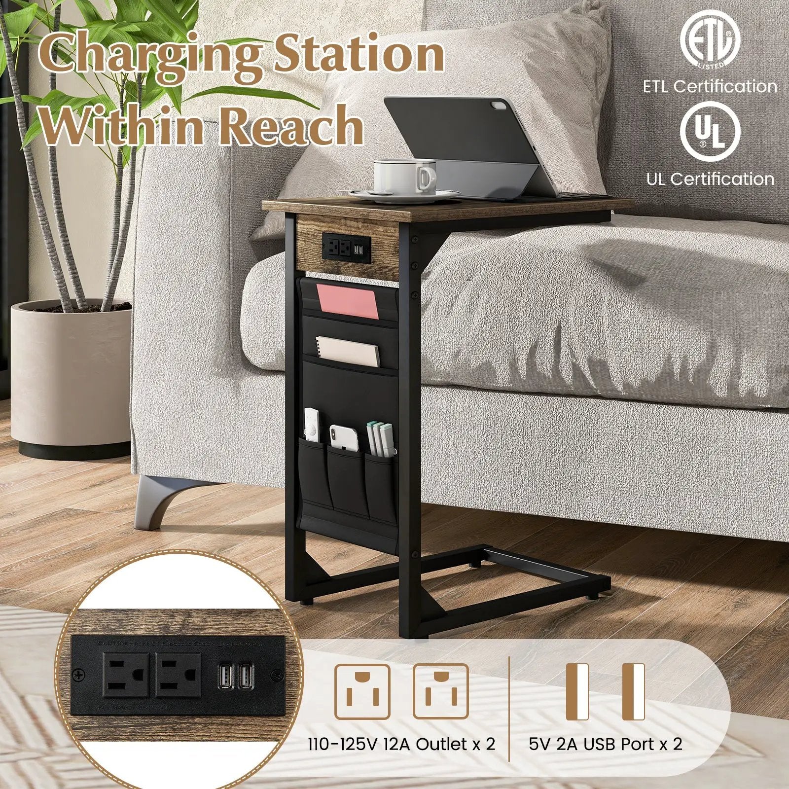 Set of 2 C Shaped End Table with Charging Station-Rustic Brown by DirectDeals
