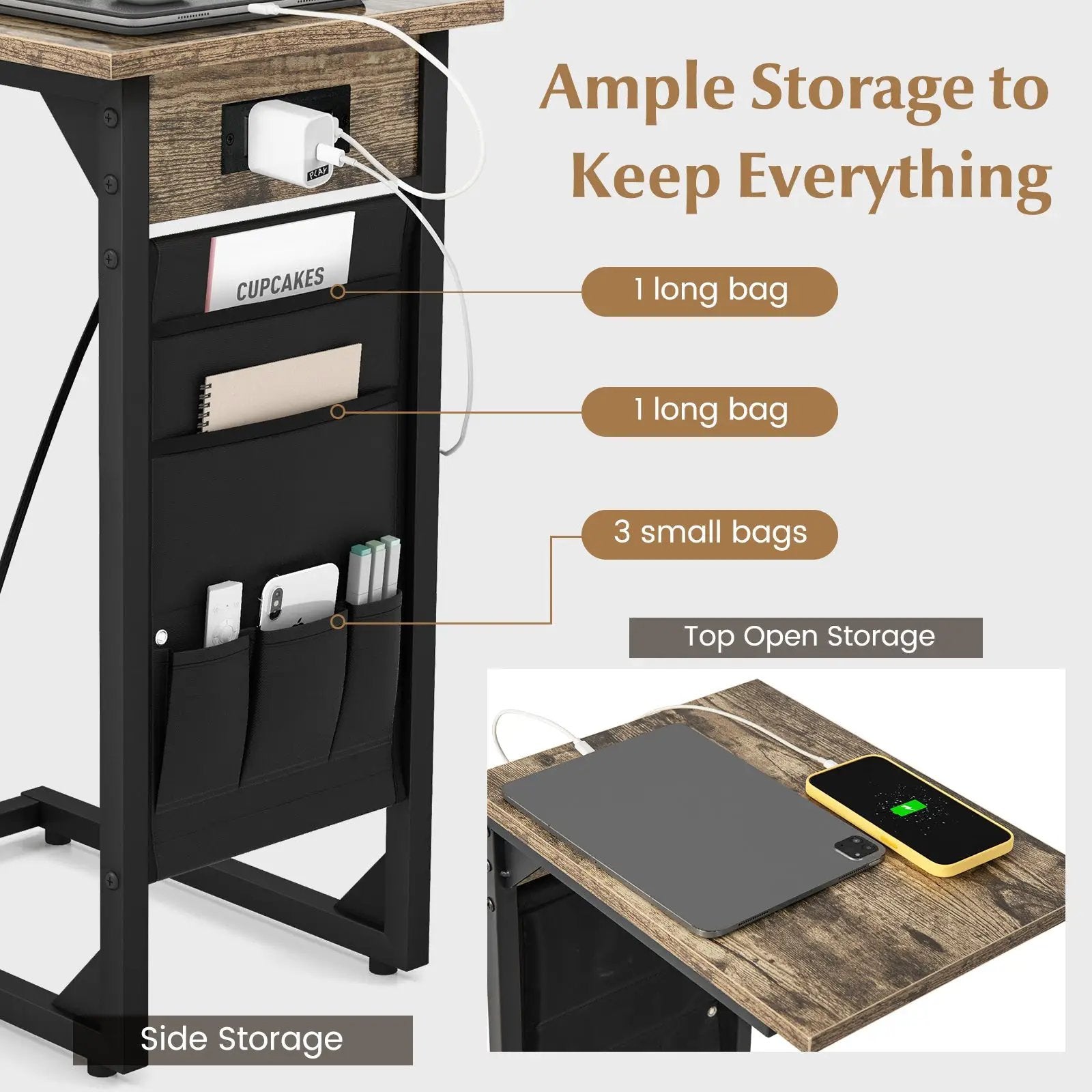 Set of 2 C Shaped End Table with Charging Station-Rustic Brown by DirectDeals