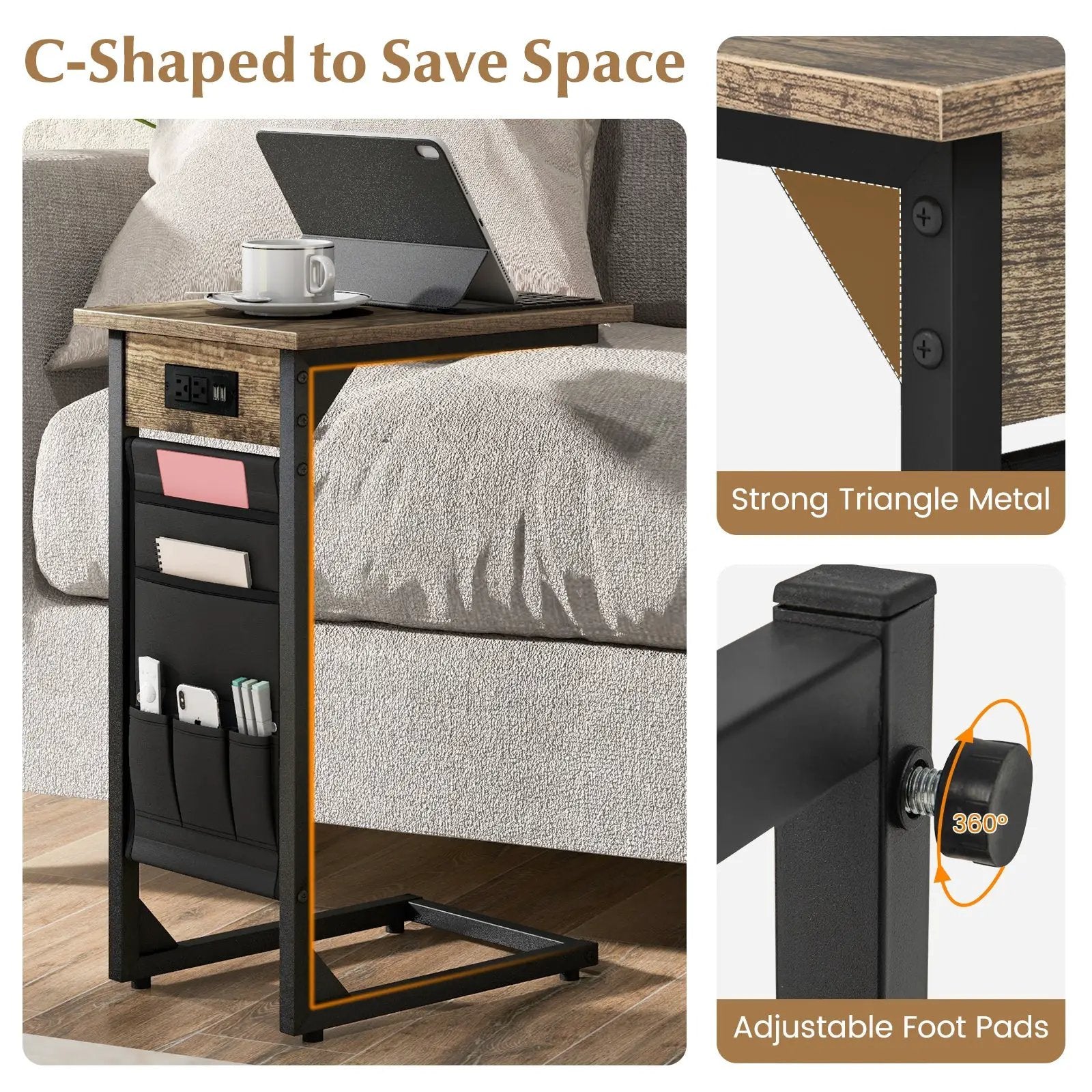 Set of 2 C Shaped End Table with Charging Station-Rustic Brown by DirectDeals