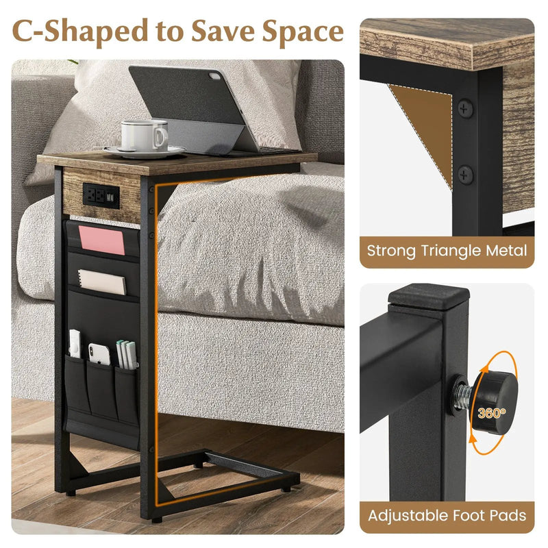 Set of 2 C Shaped End Table with Charging Station-Rustic Brown by DirectDeals