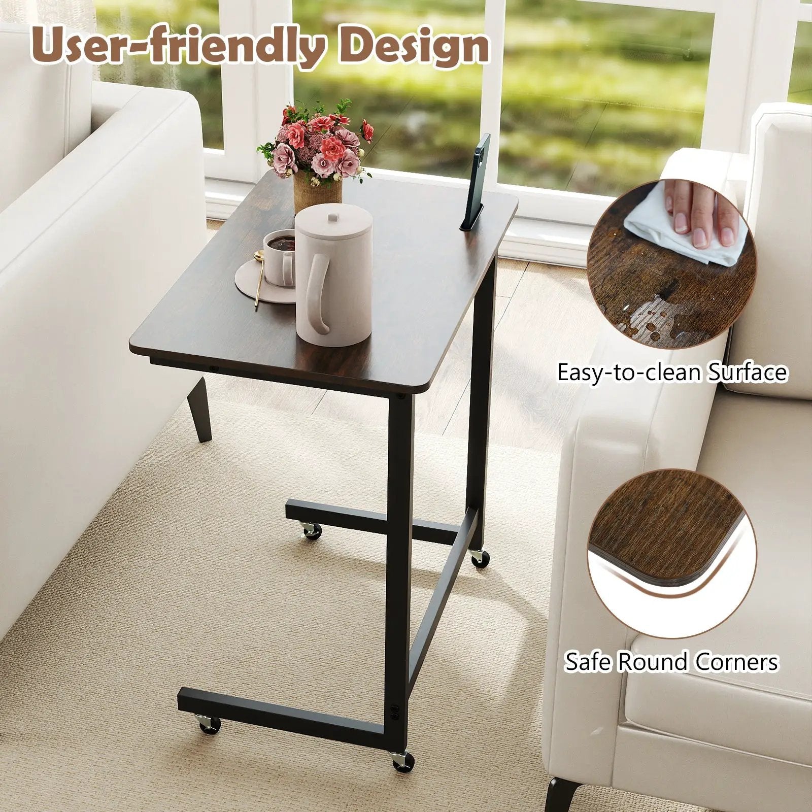 C-shaped End Table with Wheels Mobile Bedside Table with Built-in Phone Slot-Rustic Brown by DirectDeals
