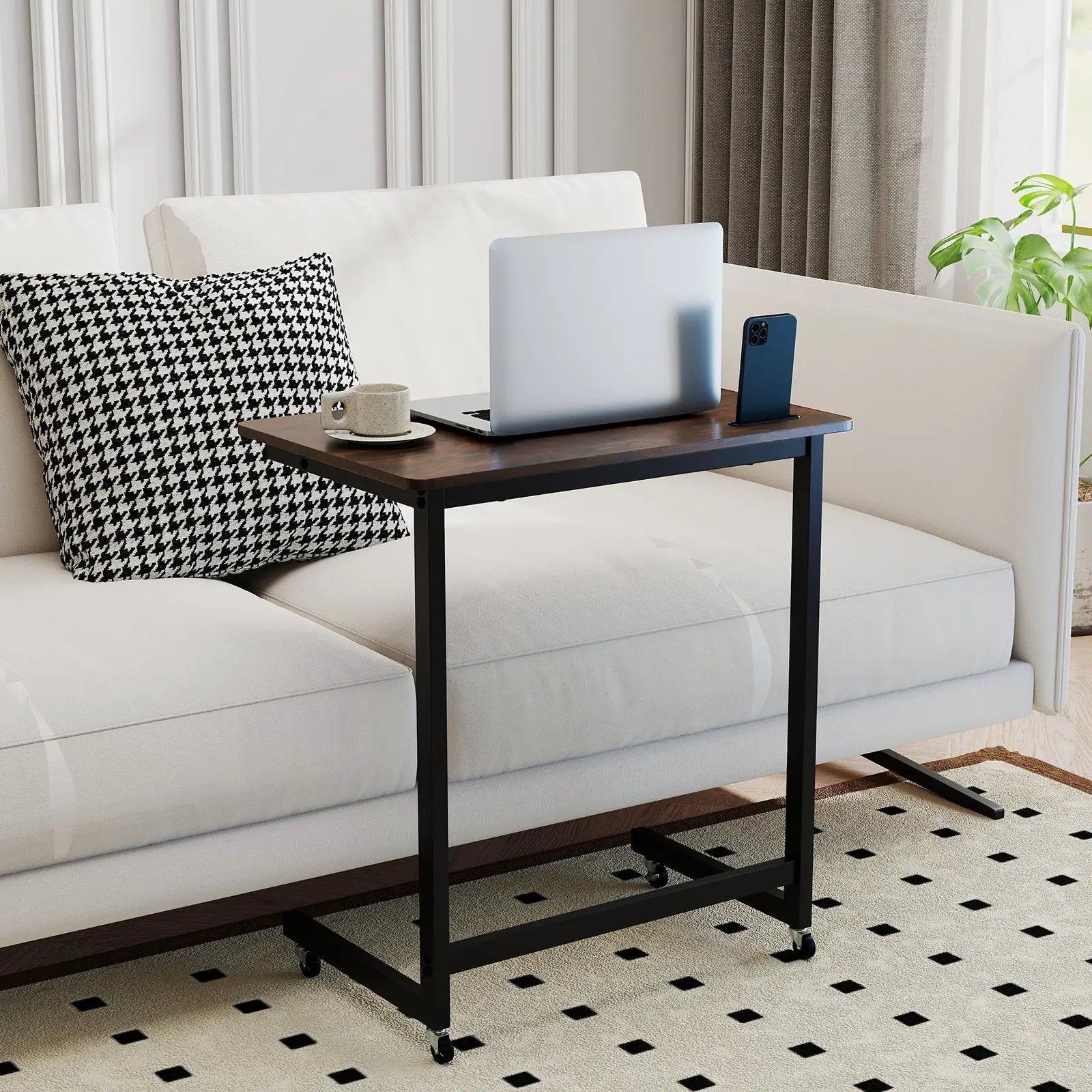 C-shaped End Table with Wheels Mobile Bedside Table with Built-in Phone Slot-Rustic Brown by DirectDeals