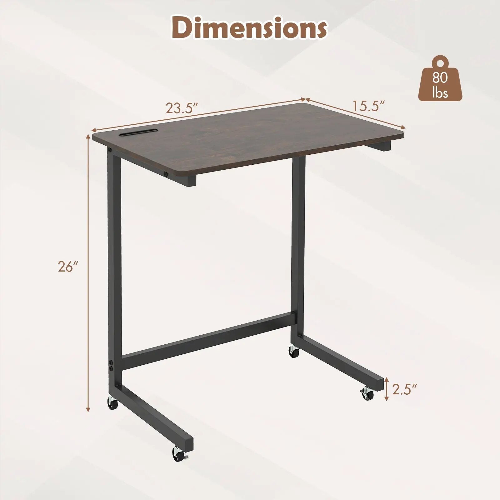 C-shaped End Table with Wheels Mobile Bedside Table with Built-in Phone Slot-Rustic Brown by DirectDeals