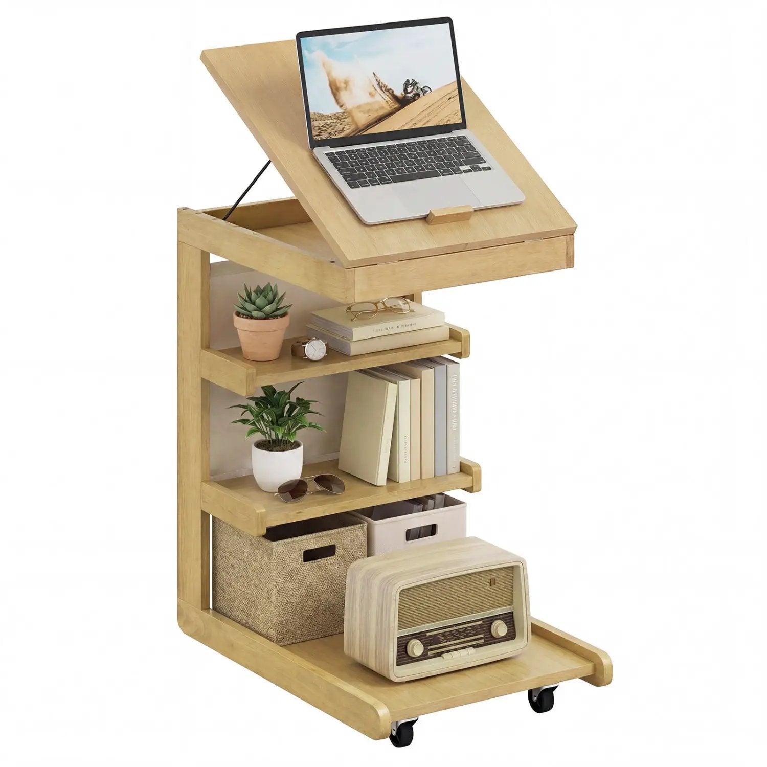 C-shaped End Table with Wheels and Adjustable Desktop for Sofa Couch Bedside by DirectDeals