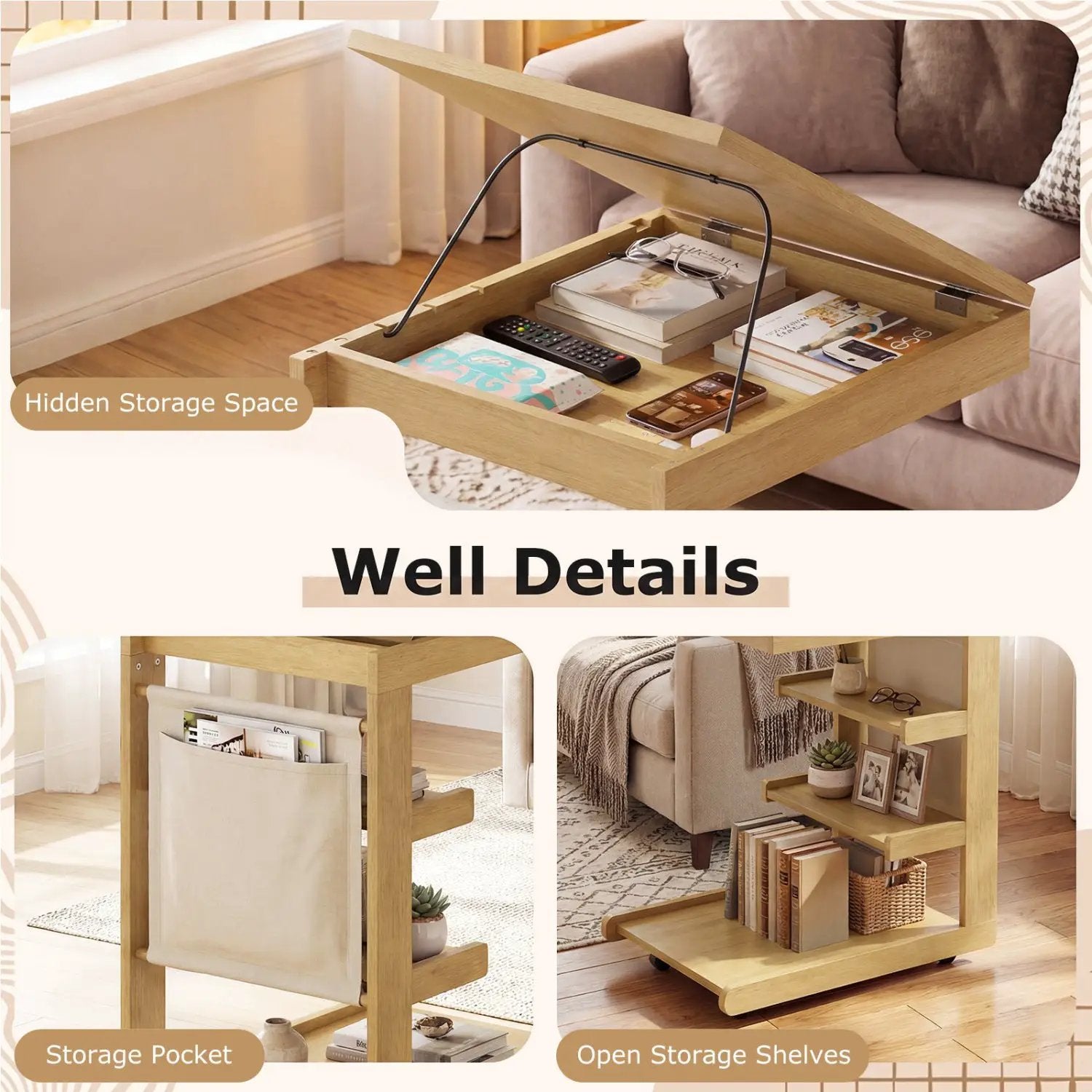 C-shaped End Table with Wheels and Adjustable Desktop for Sofa Couch Bedside by DirectDeals
