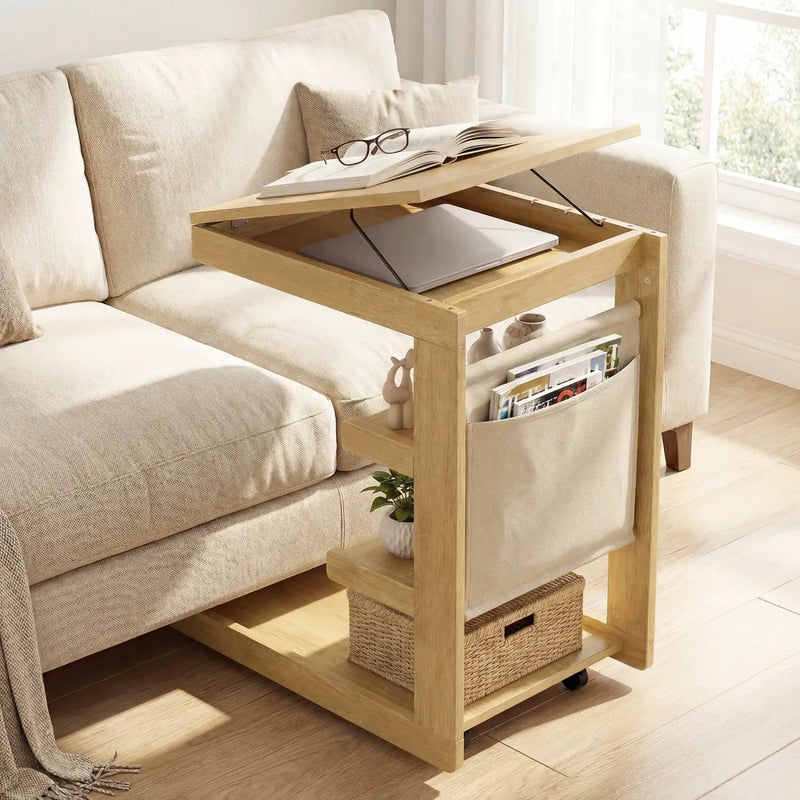 C-shaped End Table with Wheels and Adjustable Desktop for Sofa Couch Bedside by DirectDeals