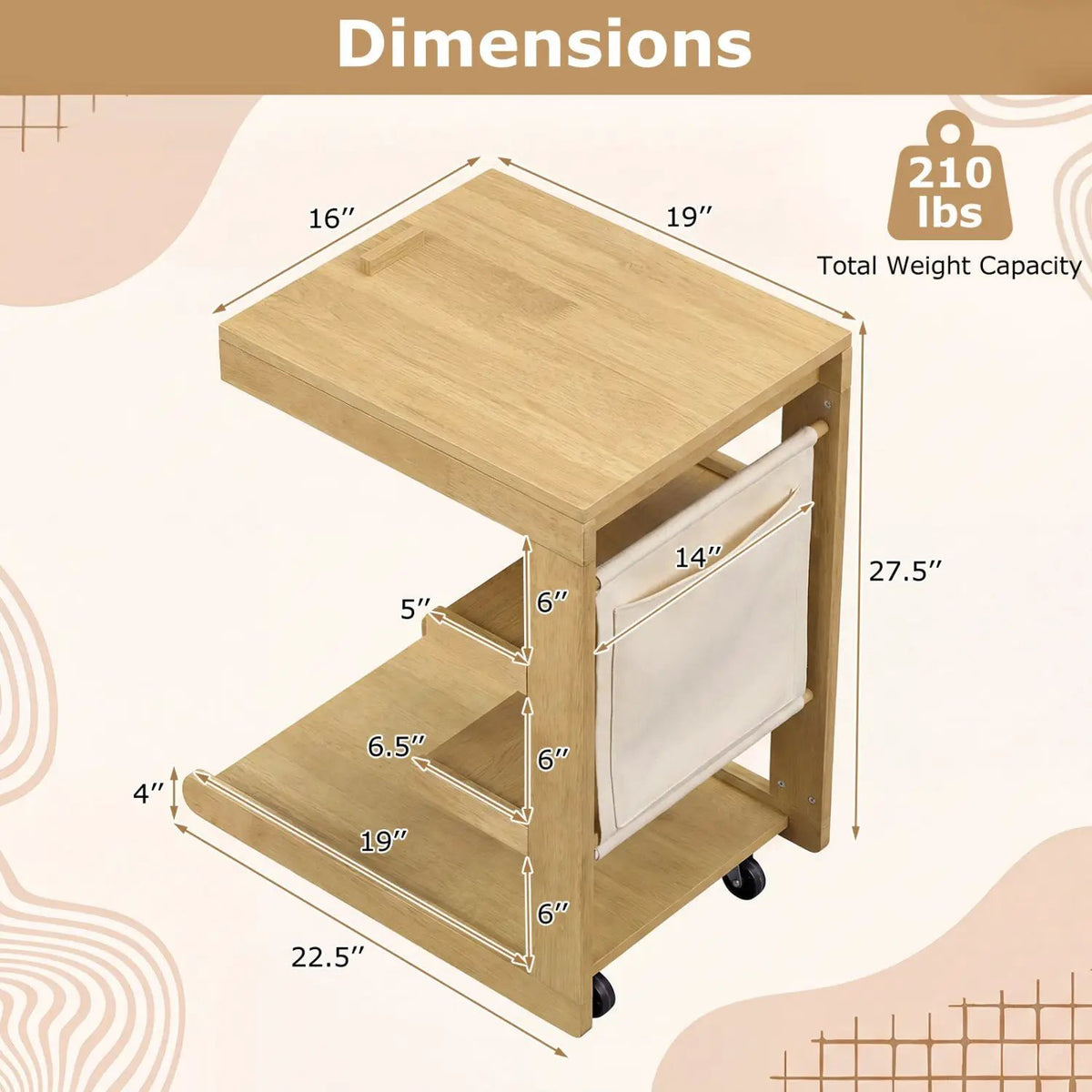 C-shaped End Table with Wheels and Adjustable Desktop for Sofa Couch Bedside, photo 15 of 24