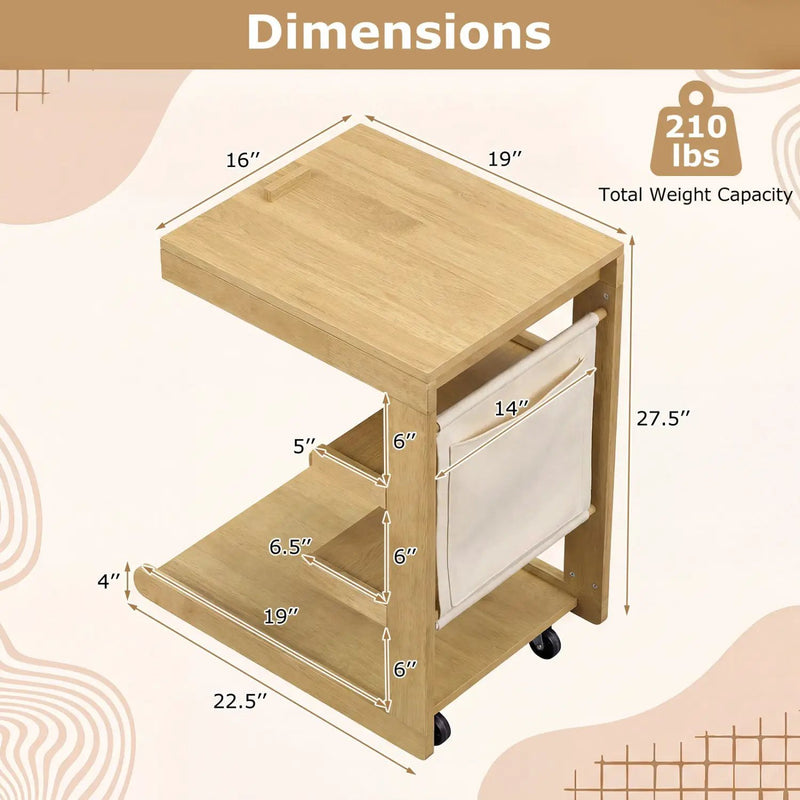 C-shaped End Table with Wheels and Adjustable Desktop for Sofa Couch Bedside by DirectDeals