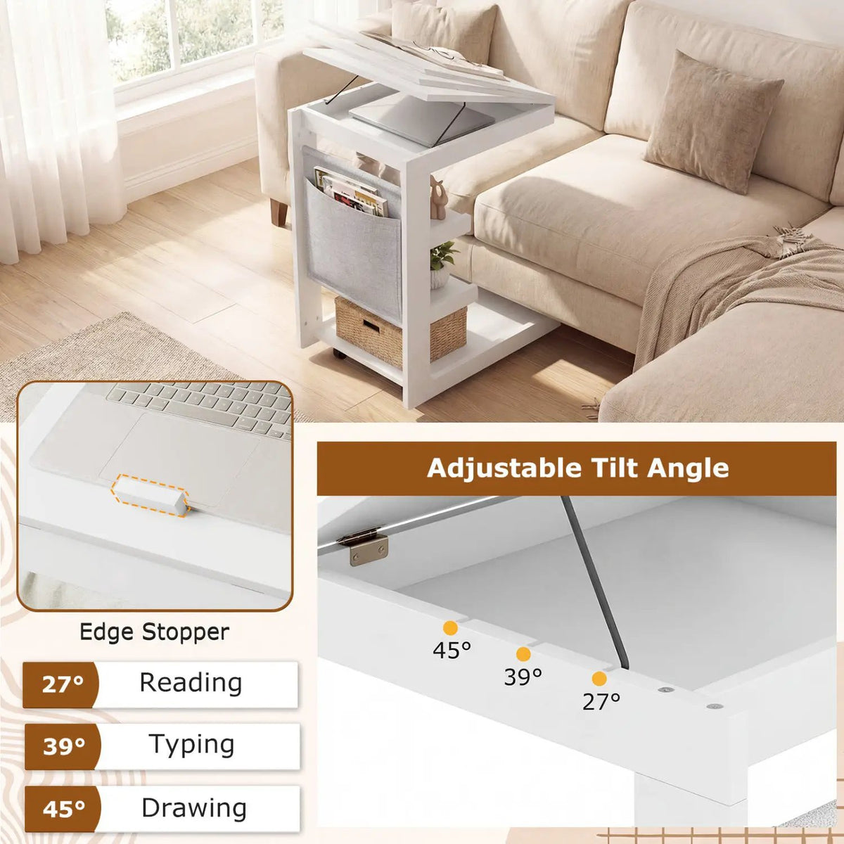 C-shaped End Table with Wheels and Adjustable Desktop for Sofa Couch Bedside, photo 18 of 24