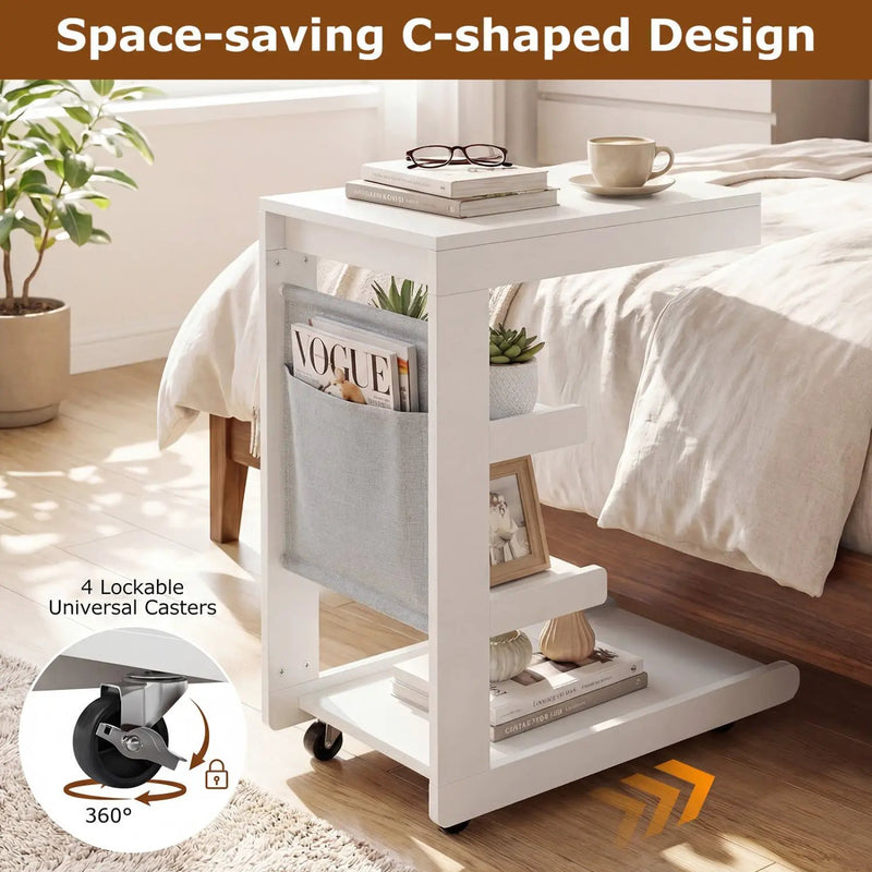 C-shaped End Table with Wheels and Adjustable Desktop for Sofa Couch Bedside by DirectDeals