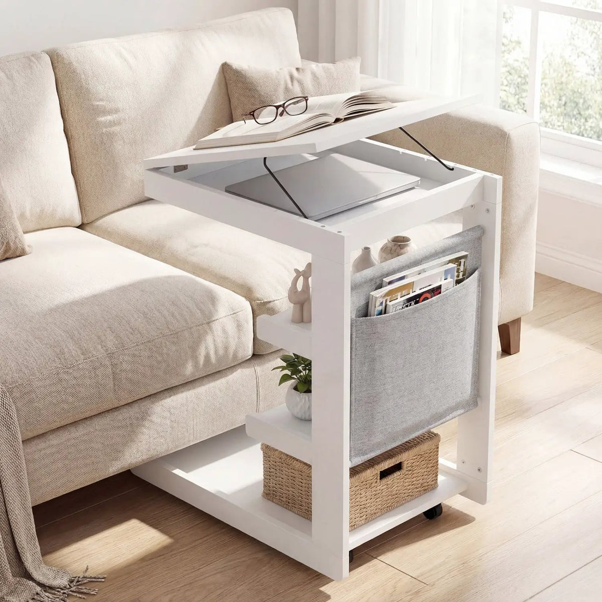C-shaped End Table with Wheels and Adjustable Desktop for Sofa Couch Bedside, photo 3 of 24