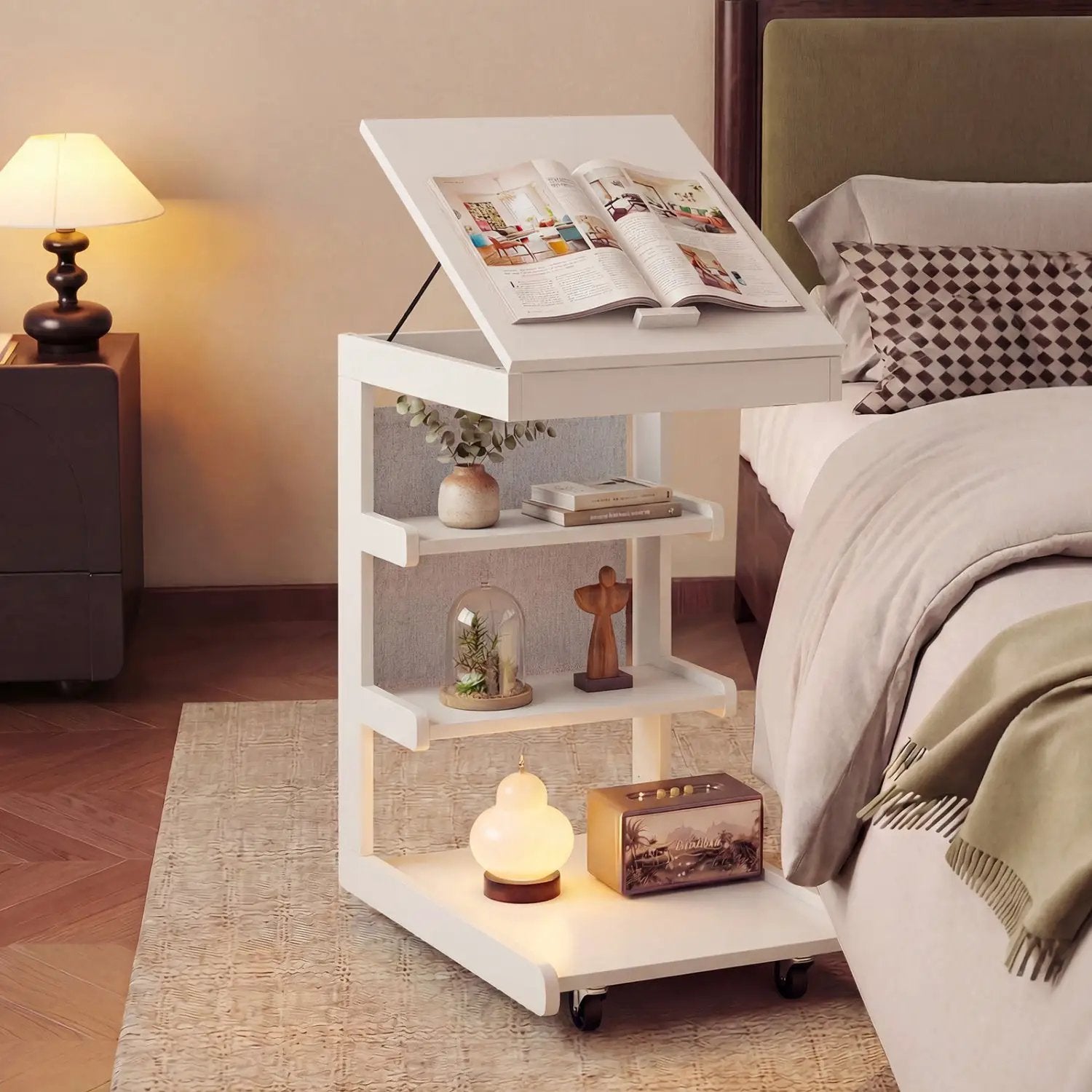 C-shaped End Table with Wheels and Adjustable Desktop for Sofa Couch Bedside by DirectDeals