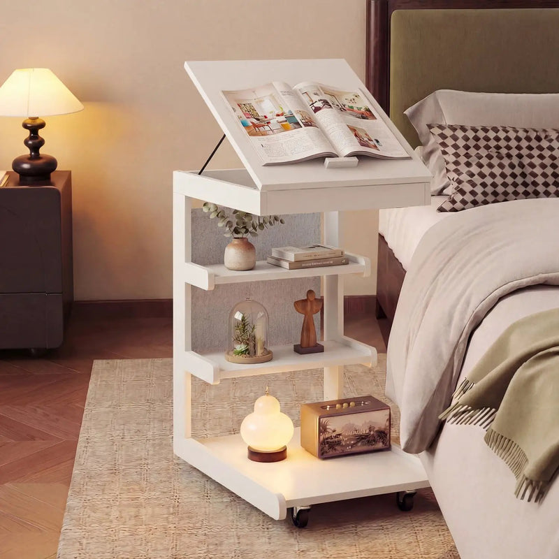 C-shaped End Table with Wheels and Adjustable Desktop for Sofa Couch Bedside by DirectDeals