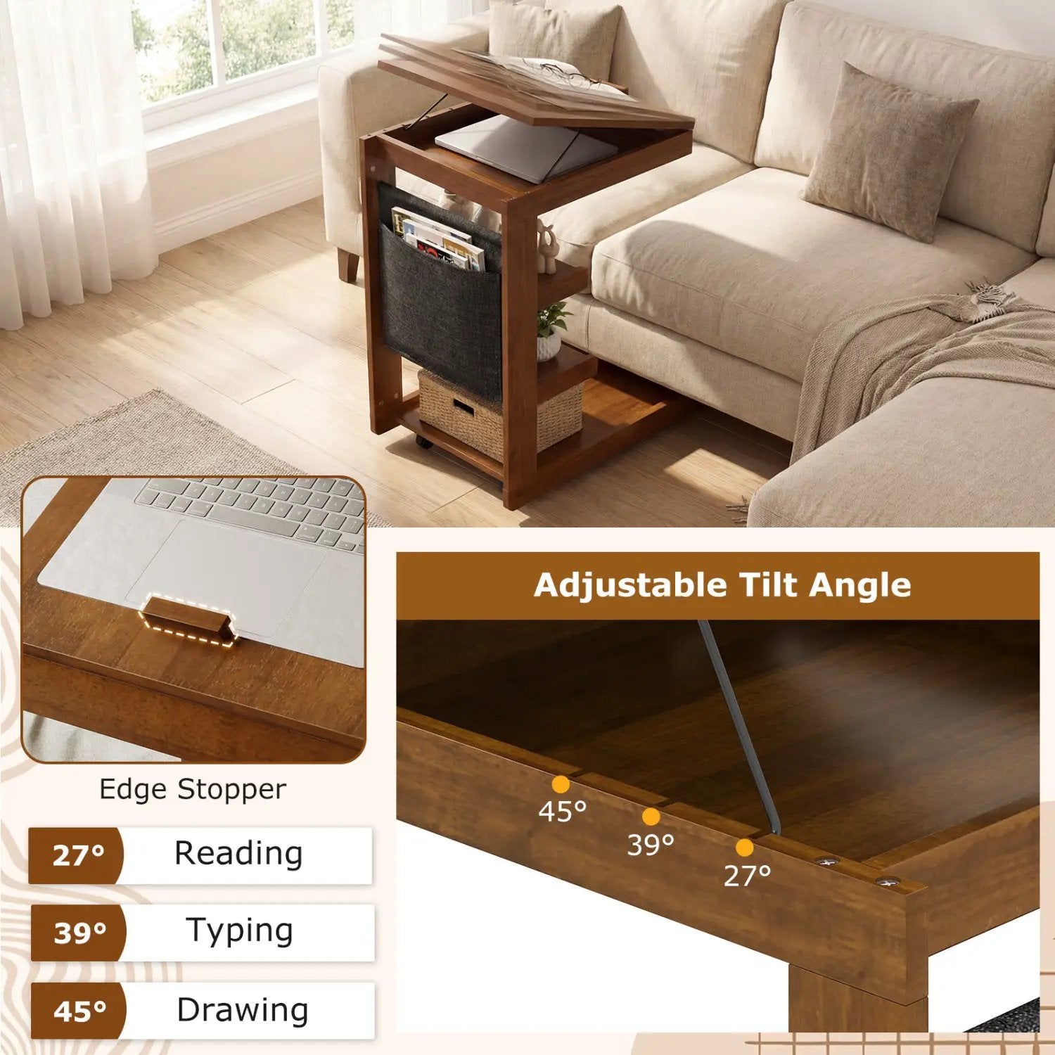 C-shaped End Table with Wheels and Adjustable Desktop for Sofa Couch Bedside by DirectDeals