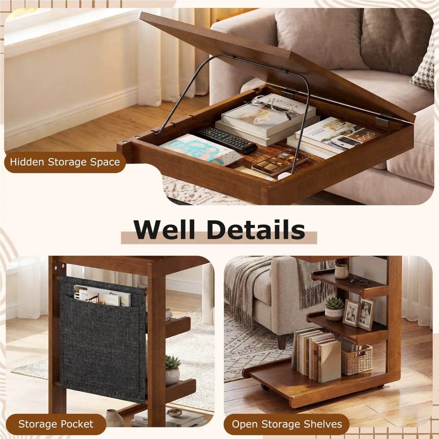 C-shaped End Table with Wheels and Adjustable Desktop for Sofa Couch Bedside by DirectDeals