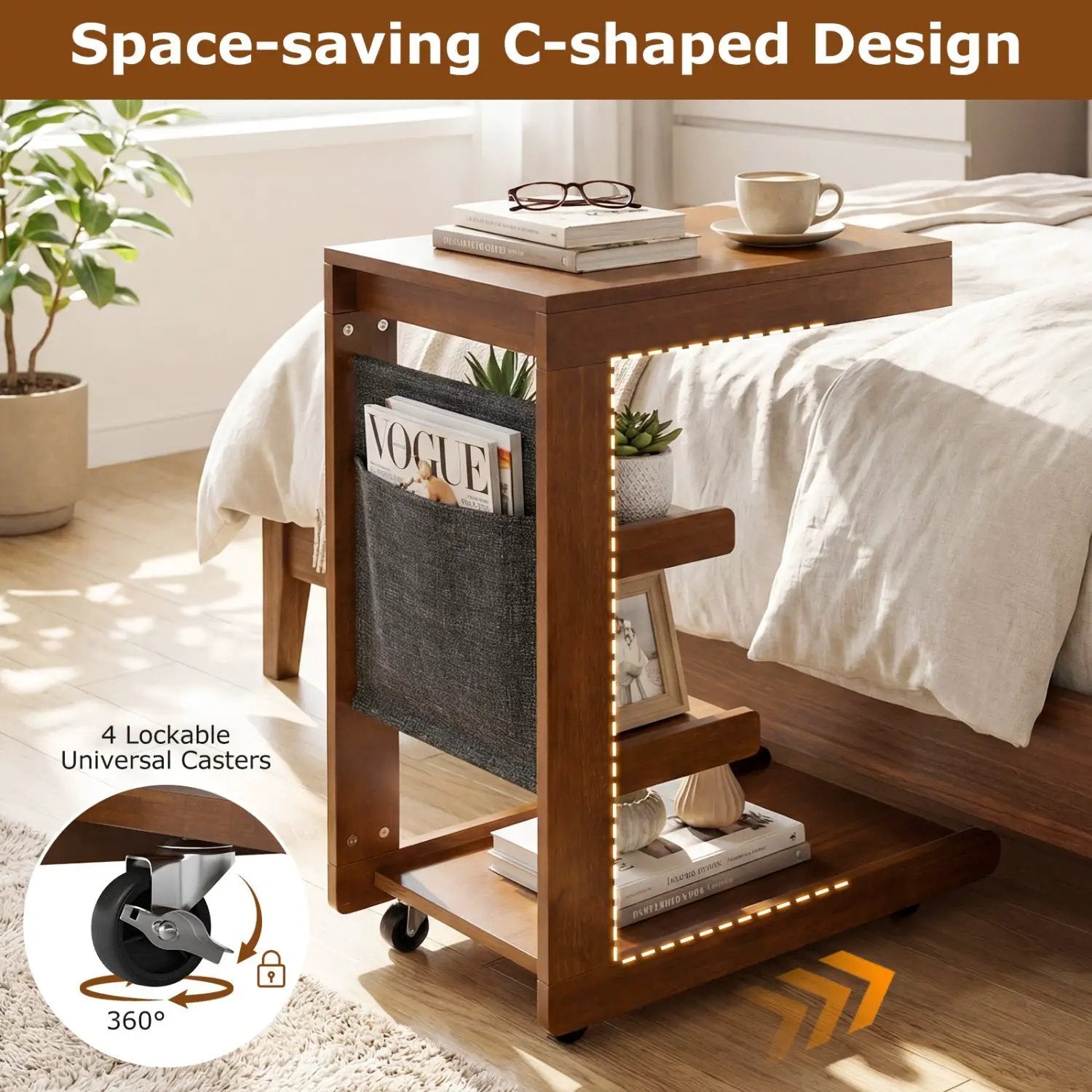C-shaped End Table with Wheels and Adjustable Desktop for Sofa Couch Bedside by DirectDeals