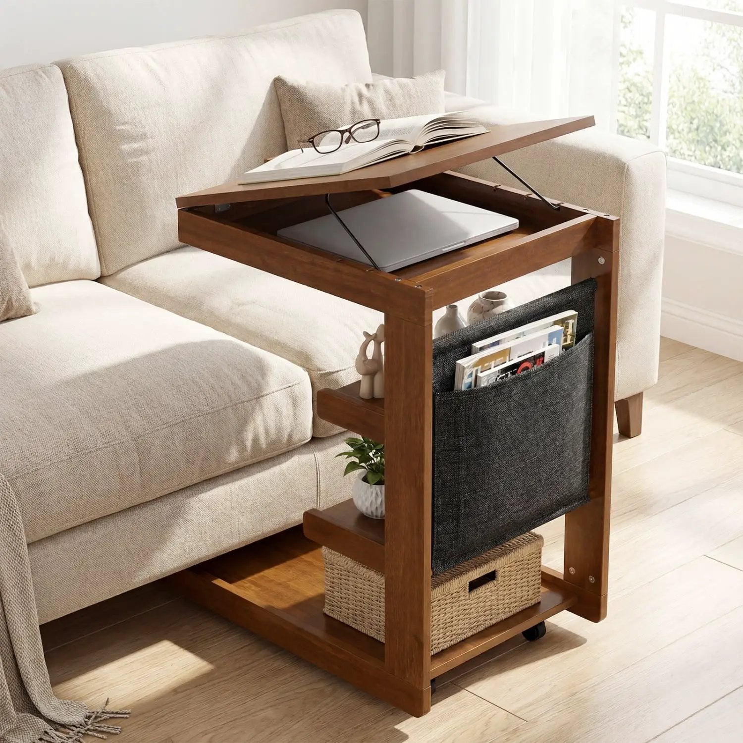 C-shaped End Table with Wheels and Adjustable Desktop for Sofa Couch Bedside by DirectDeals
