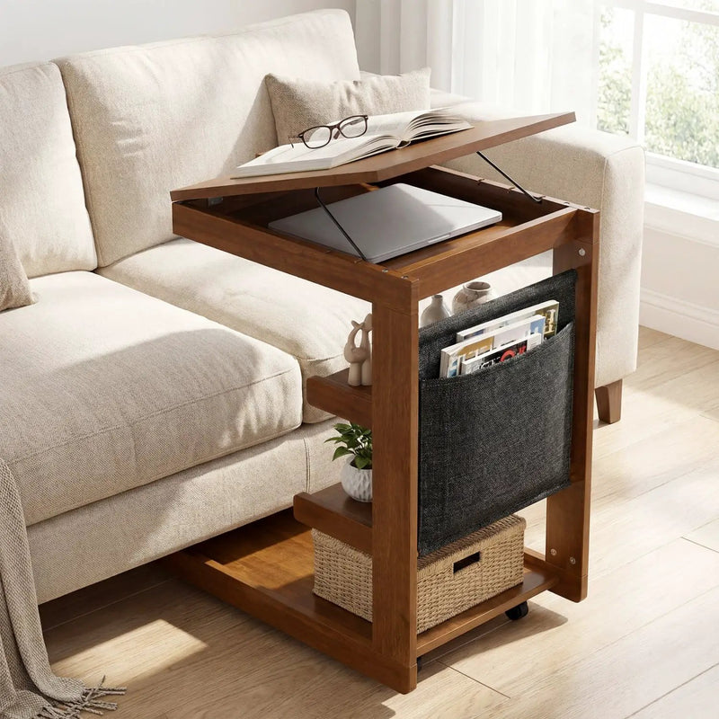C-shaped End Table with Wheels and Adjustable Desktop for Sofa Couch Bedside by DirectDeals