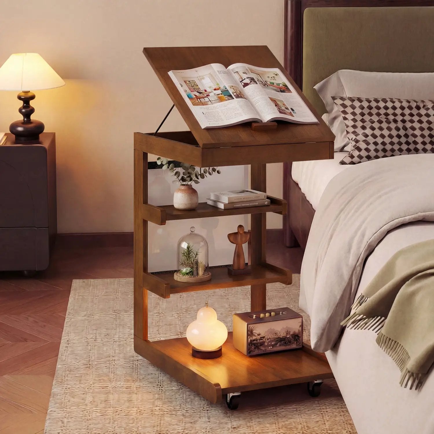 C-shaped End Table with Wheels and Adjustable Desktop for Sofa Couch Bedside by DirectDeals