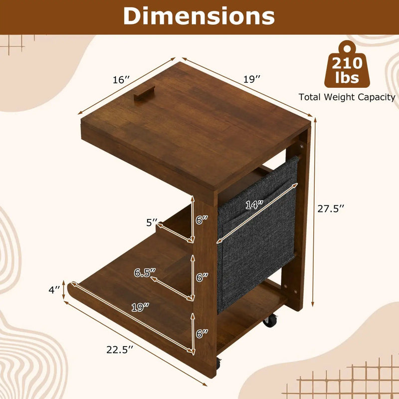 C-shaped End Table with Wheels and Adjustable Desktop for Sofa Couch Bedside by DirectDeals