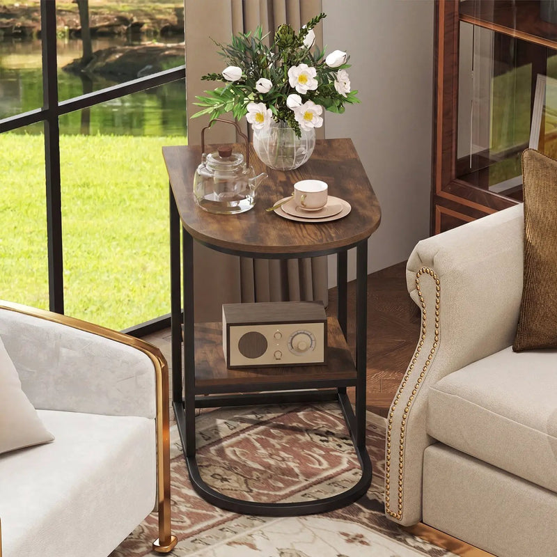 C-Shaped Sofa Side Table with Faux Marble Top & Storage Shelf by DirectDeals