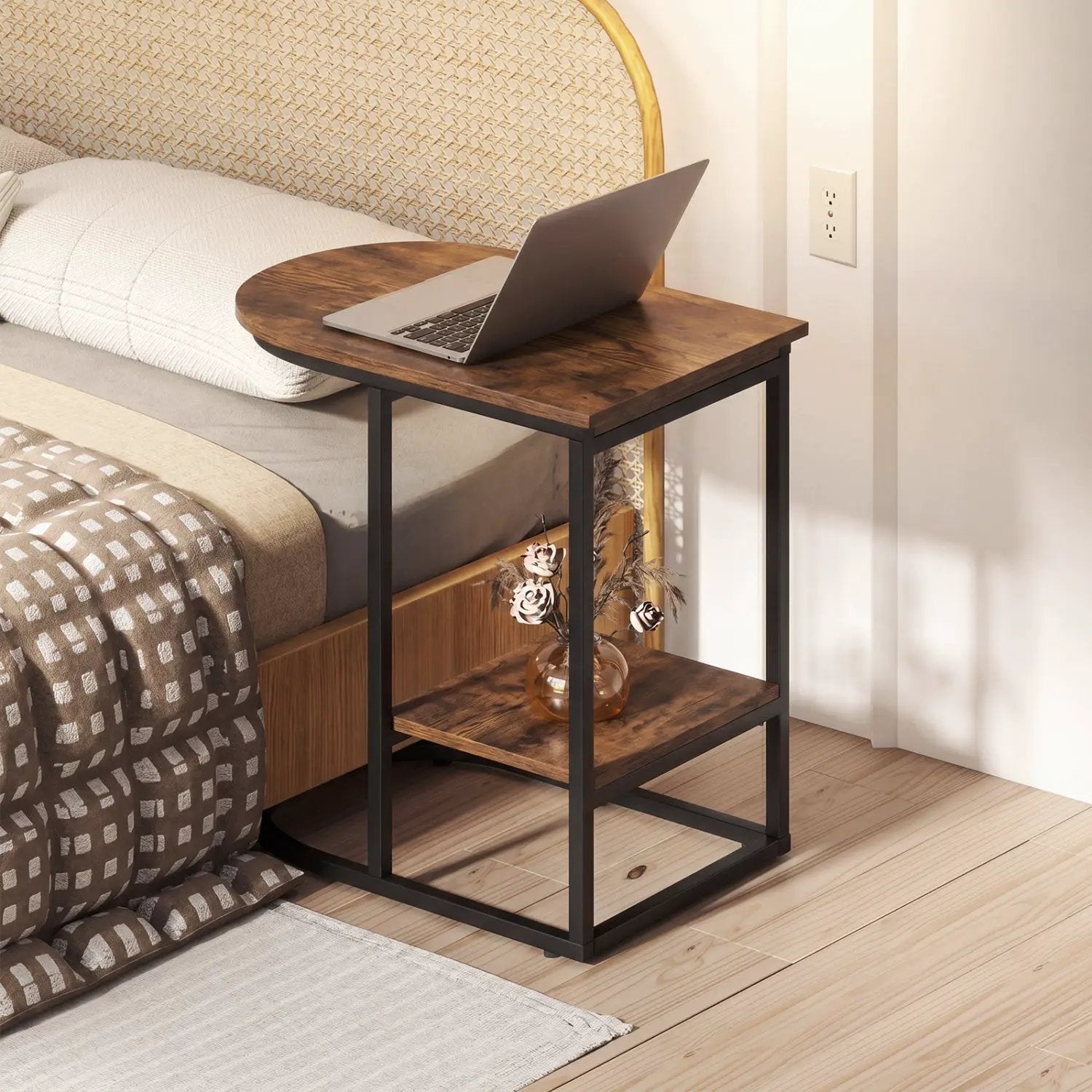 C-Shaped Sofa Side Table with Faux Marble Top & Storage Shelf by DirectDeals