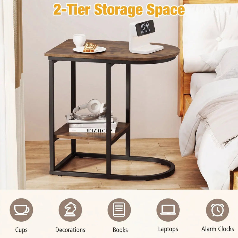 C-Shaped Sofa Side Table with Faux Marble Top & Storage Shelf by DirectDeals