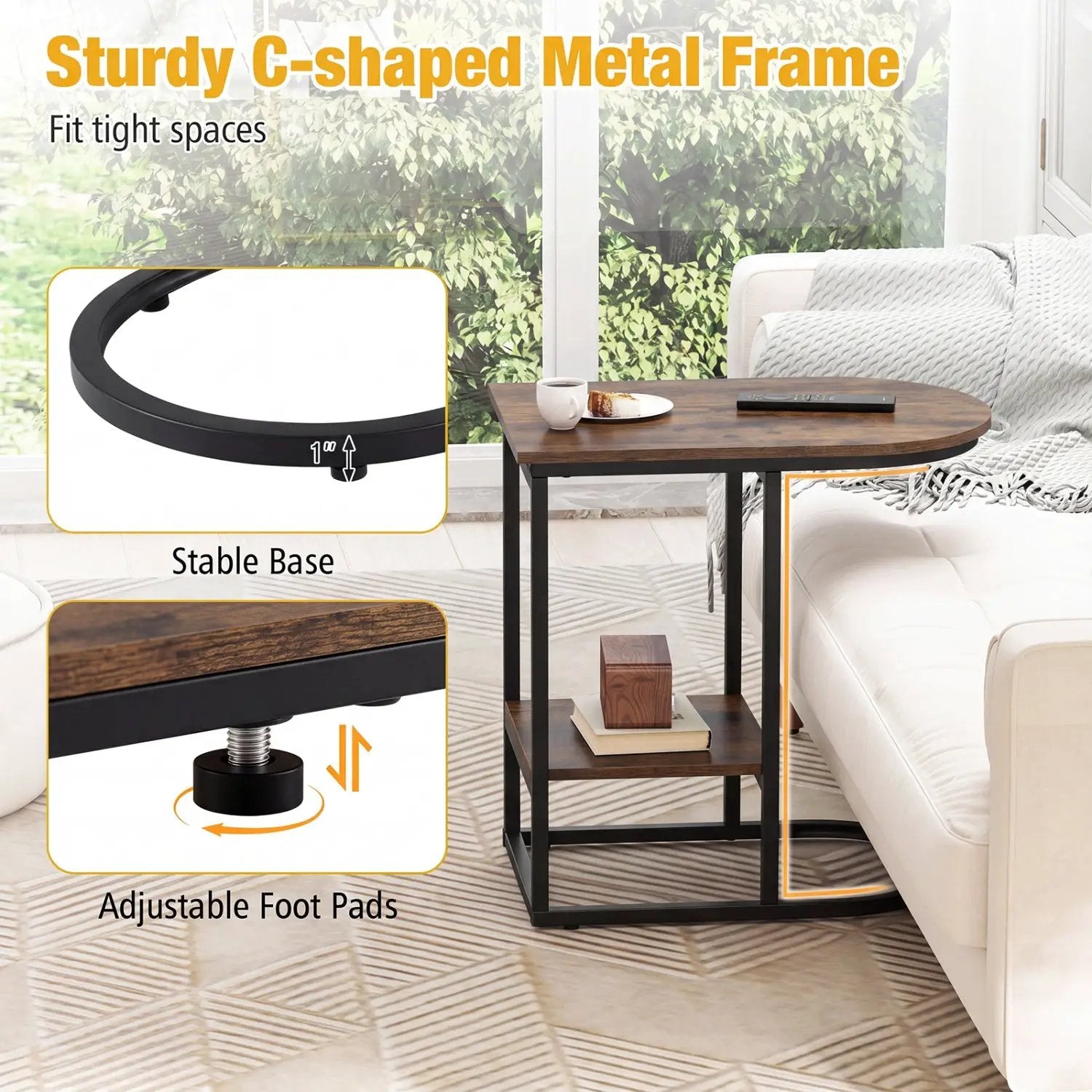 C-Shaped Side Table with Storage Shelf and Marble Top by DirectDeals