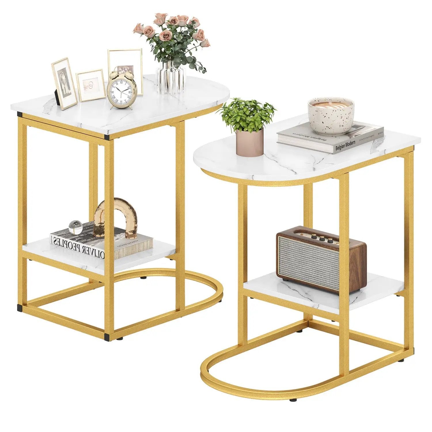 C-Shaped Side Table with Faux Marble Top and Storage Shelf by DirectDeals