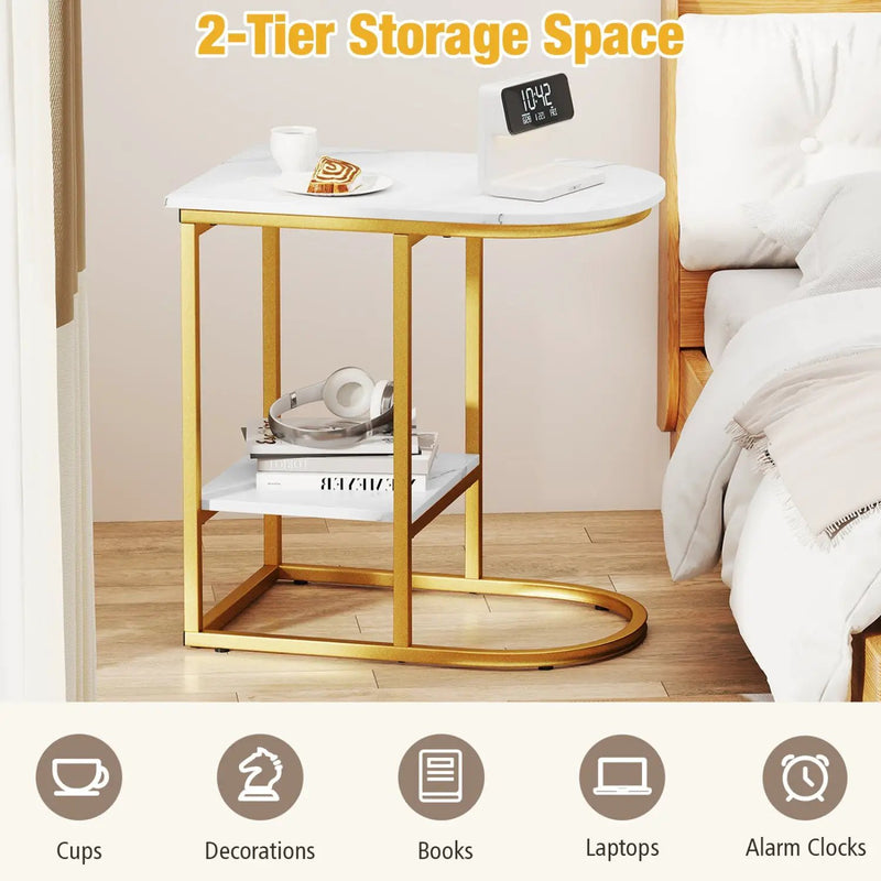 C-Shaped Side Table with Faux Marble Top and Storage Shelf by DirectDeals