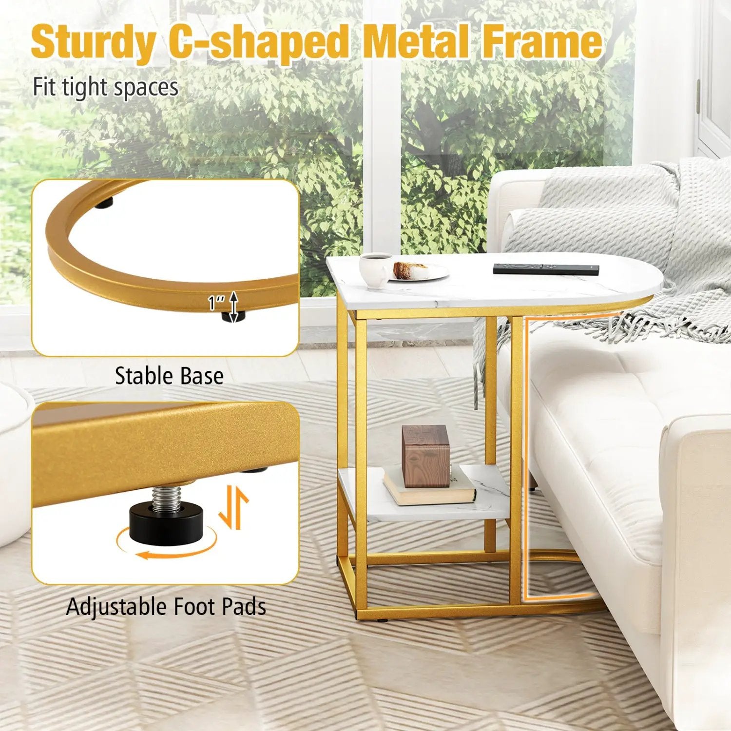 C-Shaped Side Table with Faux Marble Top and Storage Shelf by DirectDeals