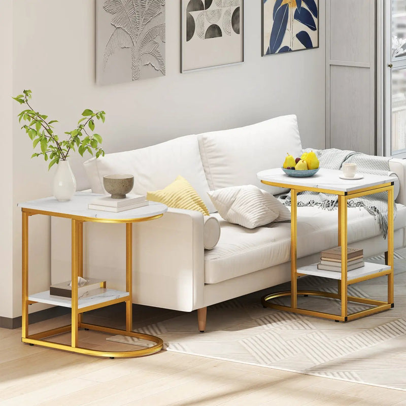 C-Shaped Side Table with Faux Marble Top and Storage Shelf by DirectDeals