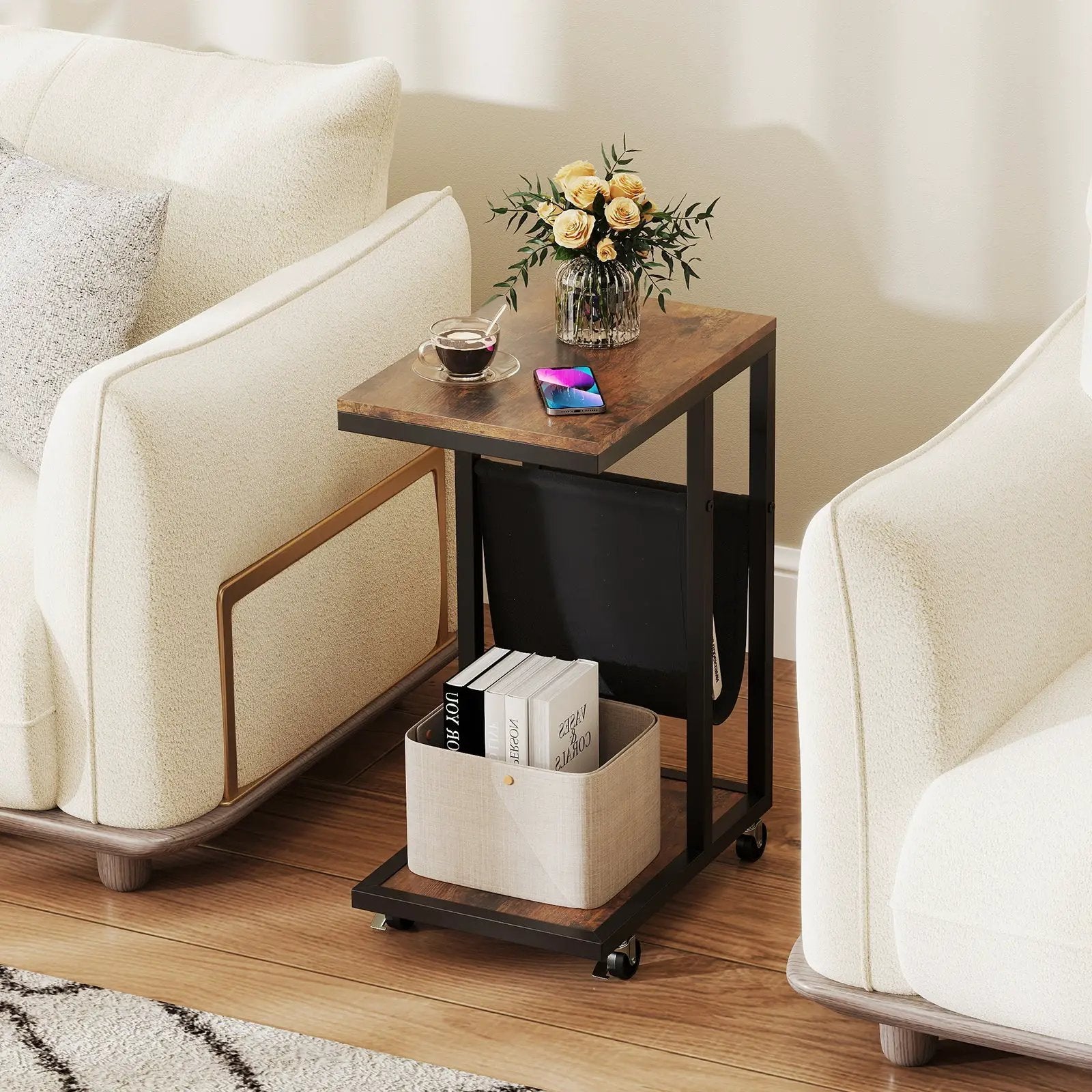 C-shaped Side Table with Canvas Storage Pouch and Metal Frame-Borwn by DirectDeals