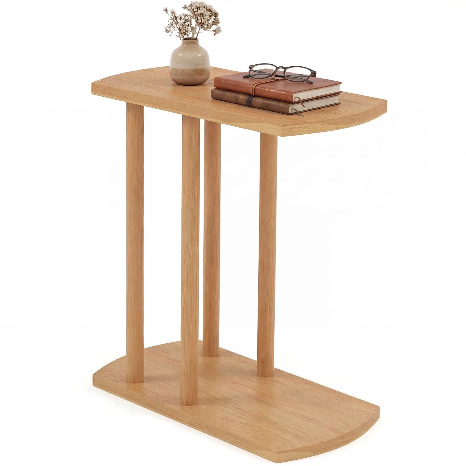 Narrow 2-Tier C-shaped Teak Wood Side Table with Thickened Top and Sturdy Base by DirectDeals