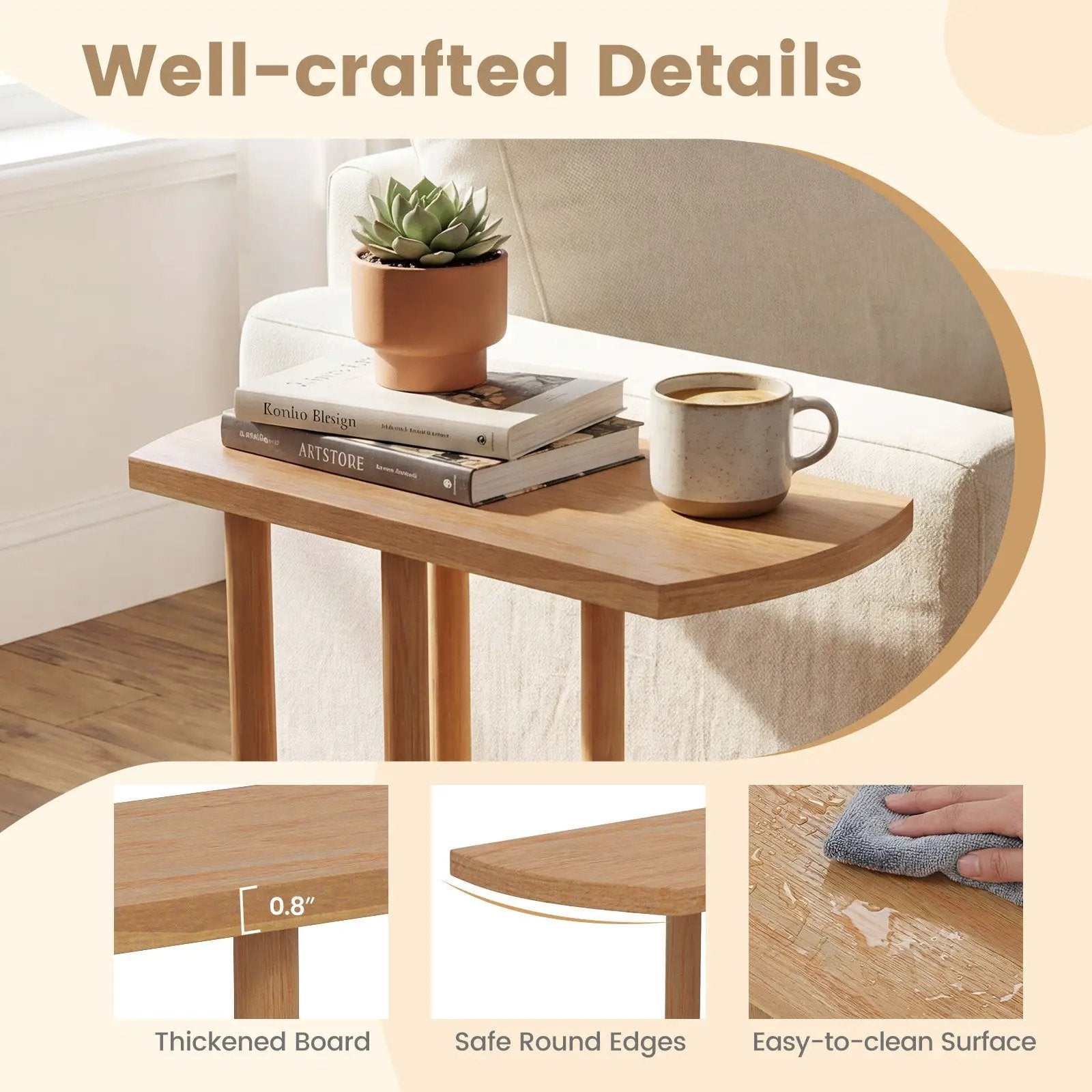 Narrow 2-Tier C-shaped Teak Wood Side Table with Thickened Top and Sturdy Base by DirectDeals