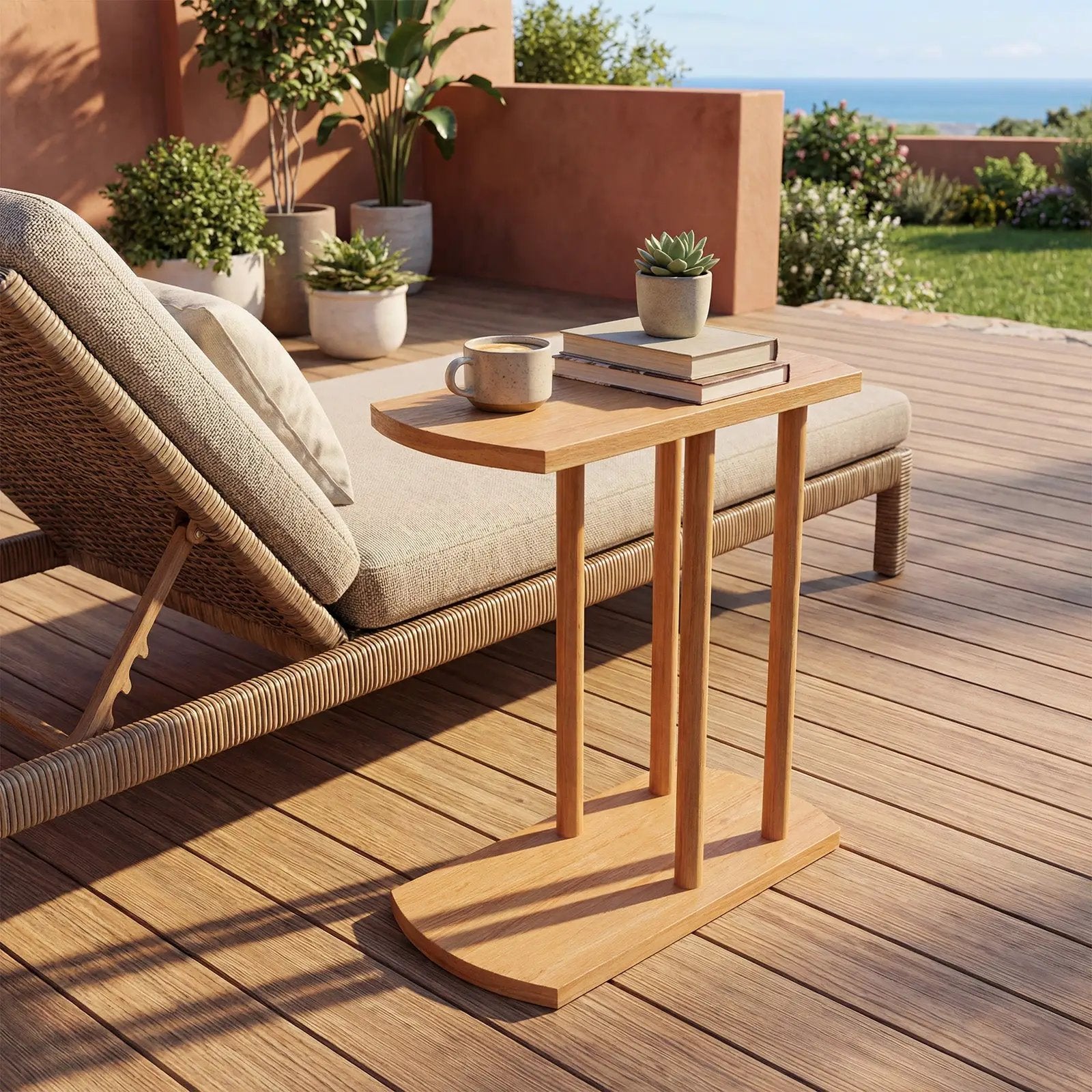Narrow 2-Tier C-shaped Teak Wood Side Table with Thickened Top and Sturdy Base by DirectDeals