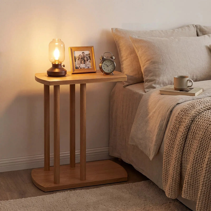 Narrow 2-Tier C-shaped Teak Wood Side Table with Thickened Top and Sturdy Base by DirectDeals