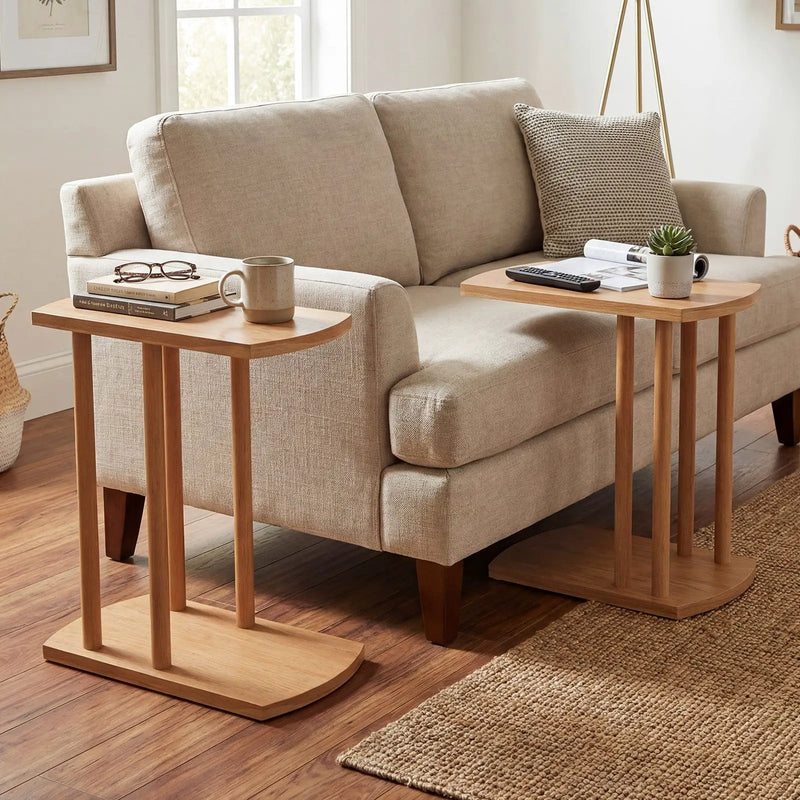Narrow 2-Tier C-shaped Teak Wood Side Table with Thickened Top and Sturdy Base by DirectDeals