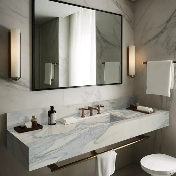Calacatta Olivia Marble Wall-Mount Bathroom Sink with 8 Inch Backsplash 16 x 60