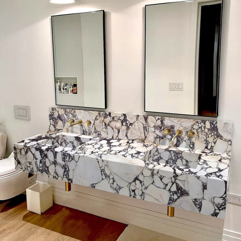 Calacatta Viola Marble Double Sink Wall-mount Bathroom Sink with 10" Backsplash (W)20" (L)80" (H)8" by GobekDesign