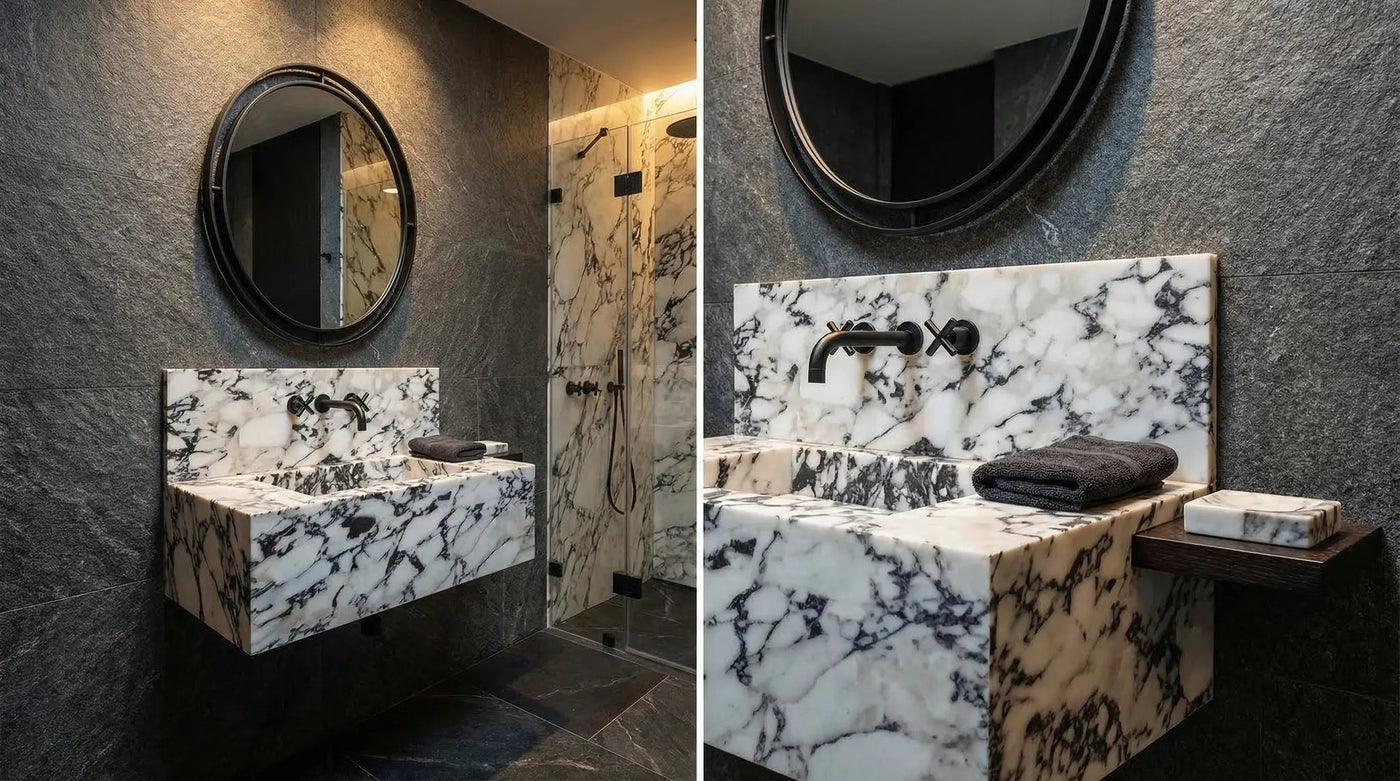 Calacatta Viola Marble Wall-mount Bathroom Sink 16x32 with Backsplash by GobekDesign