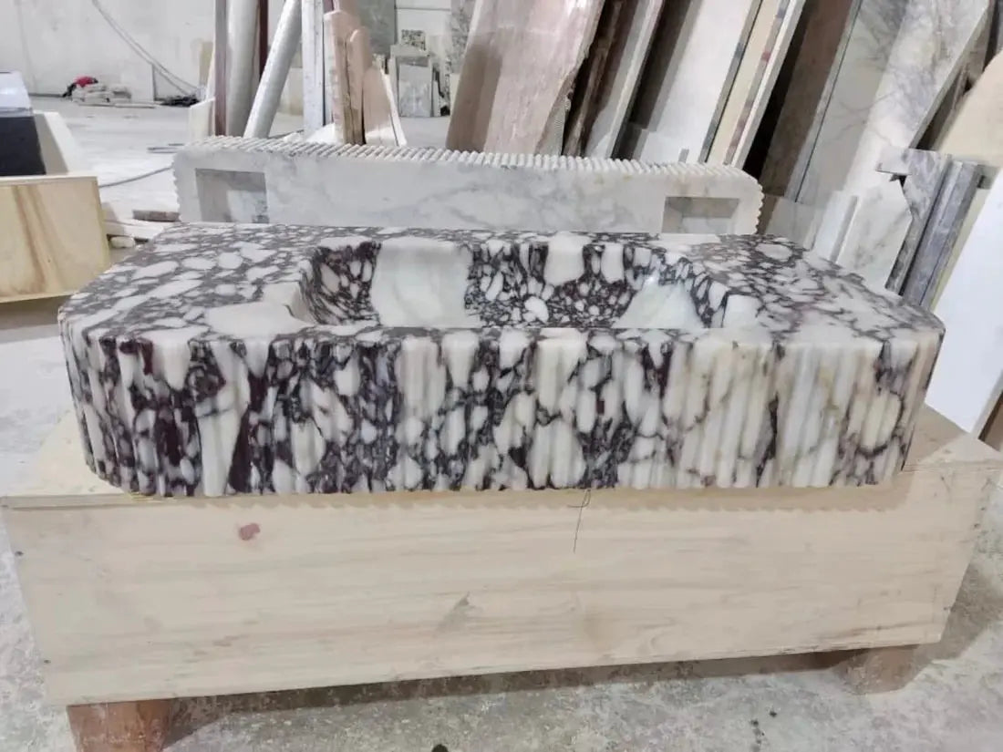Calacatta Viola Marble Wall-mount Bathroom Vanity - Handcrafted Ribbed Textured 18x32x6 by GobekDesign