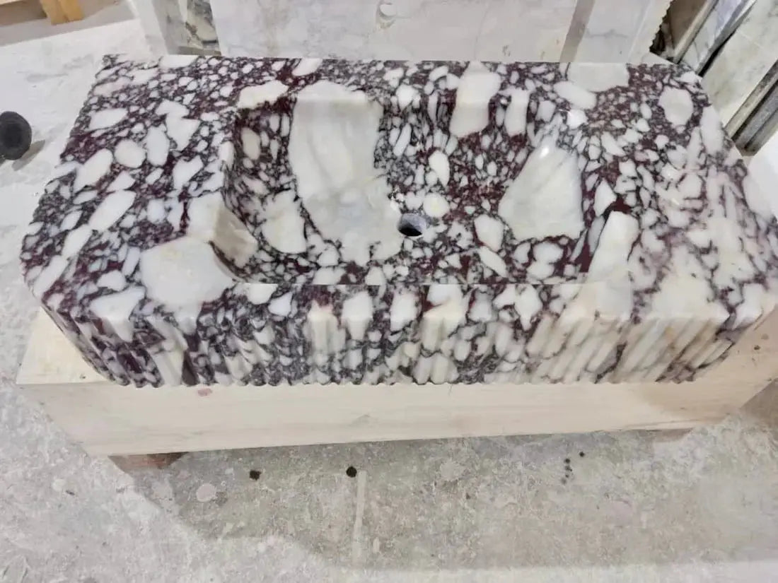 Calacatta Viola Marble Wall-mount Bathroom Vanity - Handcrafted Ribbed Textured 18x32x6 by GobekDesign