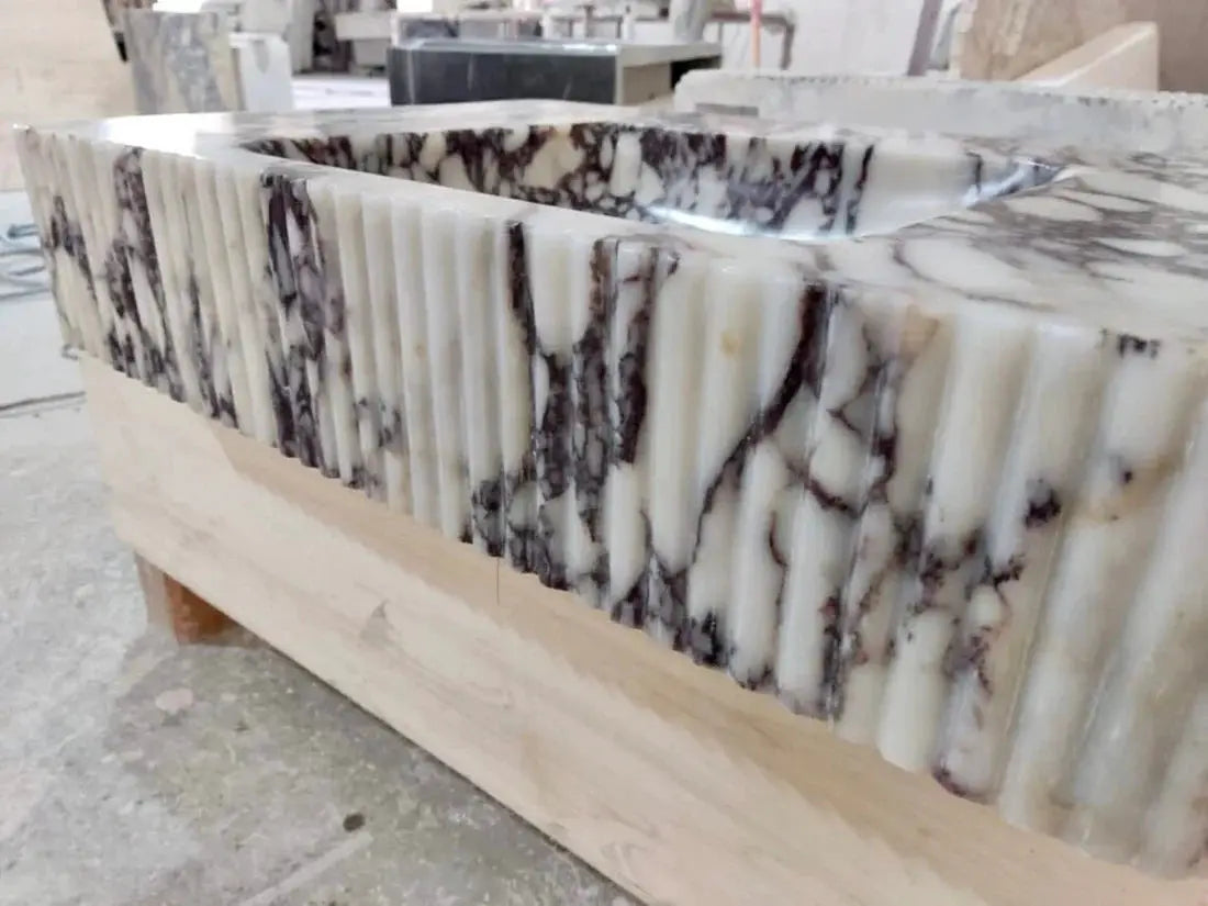 Calacatta Viola Marble Wall-mount Bathroom Vanity - Handcrafted Ribbed Textured 18x32x6 by GobekDesign