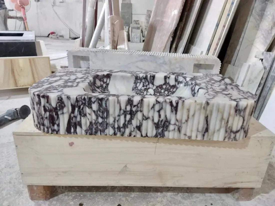 Calacatta Viola Marble Wall-mount Bathroom Vanity - Handcrafted Ribbed Textured 18x32x6 by GobekDesign