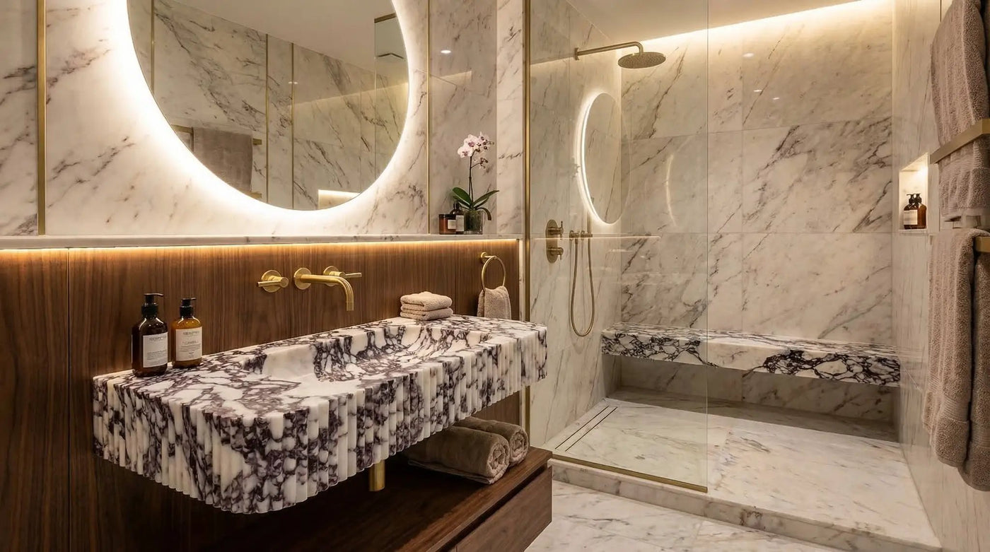 Calacatta Viola Marble Wall-mount Bathroom Vanity - Handcrafted Ribbed Textured 18x32x6 by GobekDesign