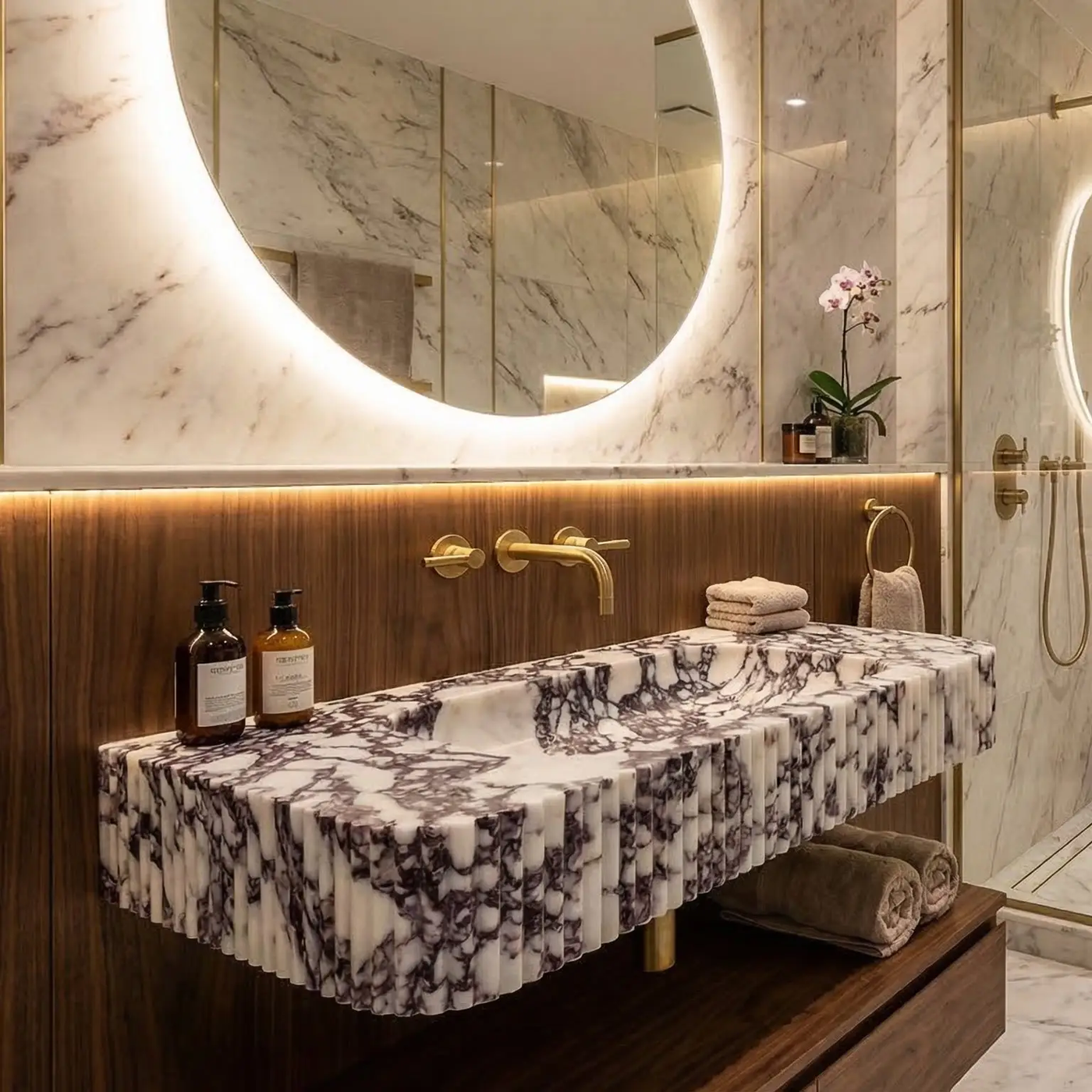 Calacatta Viola Marble Wall-mount Bathroom Vanity - Handcrafted Ribbed Textured 18x32x6 by GobekDesign
