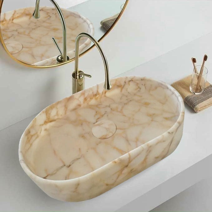 Calacatta Gold Marble Above-Vanity Oval Curved Sink Polished (W)16" (L)24" (H)5" by GobekDesign