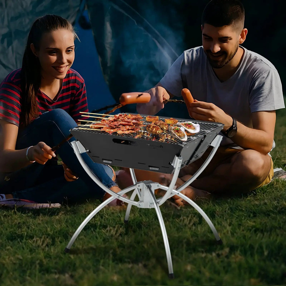 3-in-1 Camping Campfire Grill with Stainless Steel Grills Carrying Bag & Gloves by DirectDeals