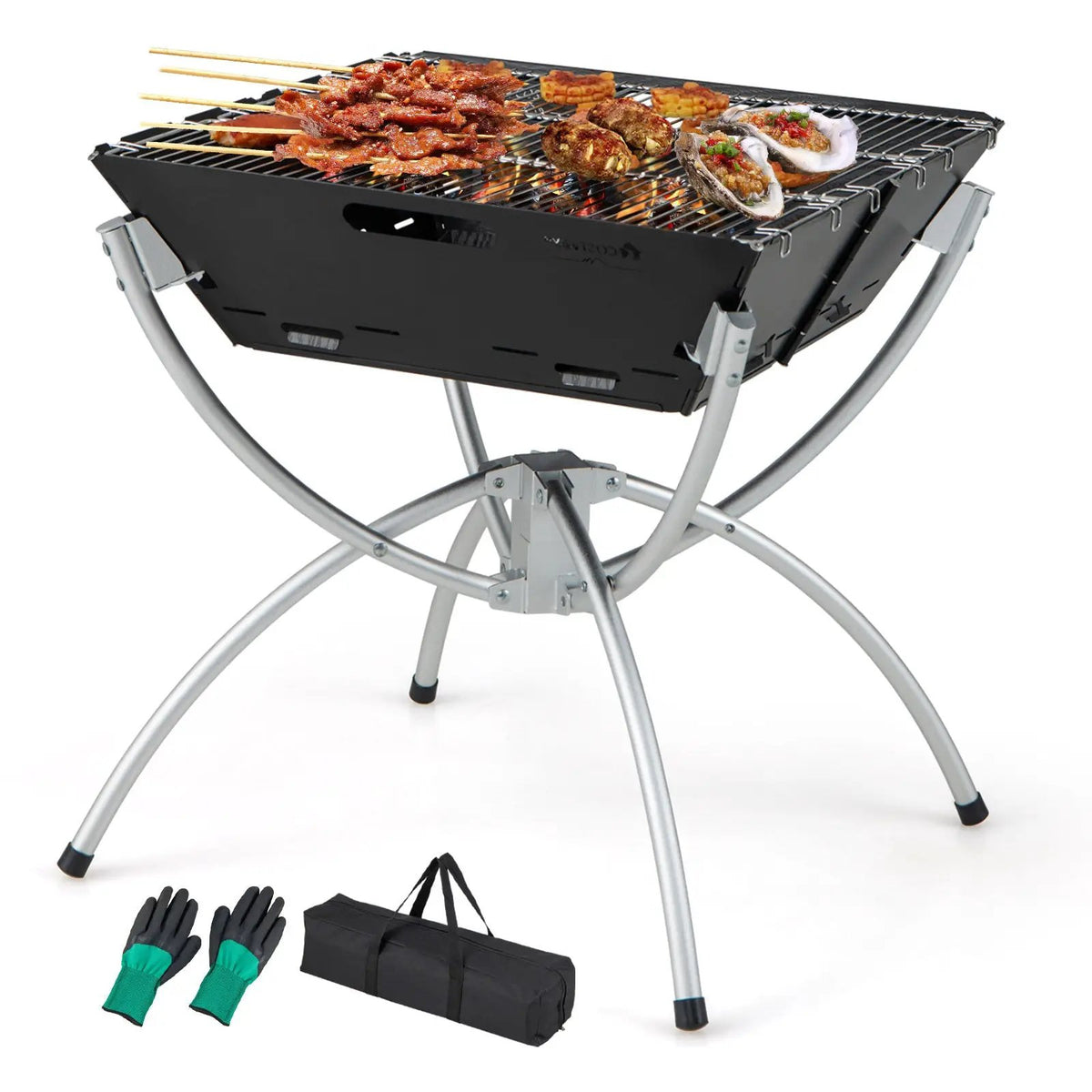 3-in-1 Camping Campfire Grill with Stainless Steel Grills Carrying Bag & Gloves by DirectDeals